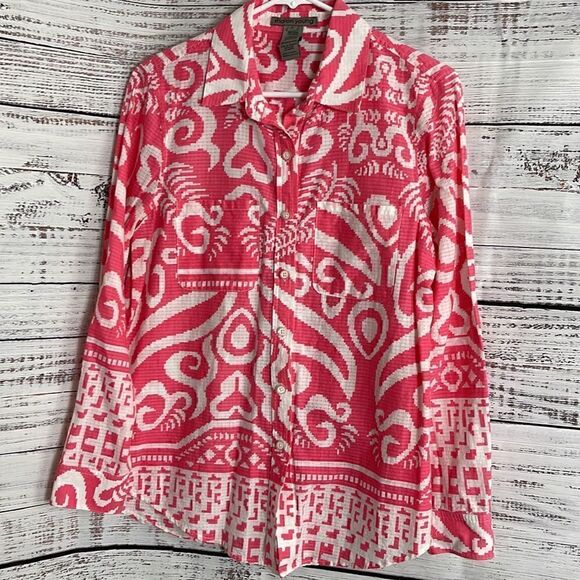 Sharon Young Top womens size small Botton Up Geo Print cotton shirt Boho Blouse - Picture 4 of 10